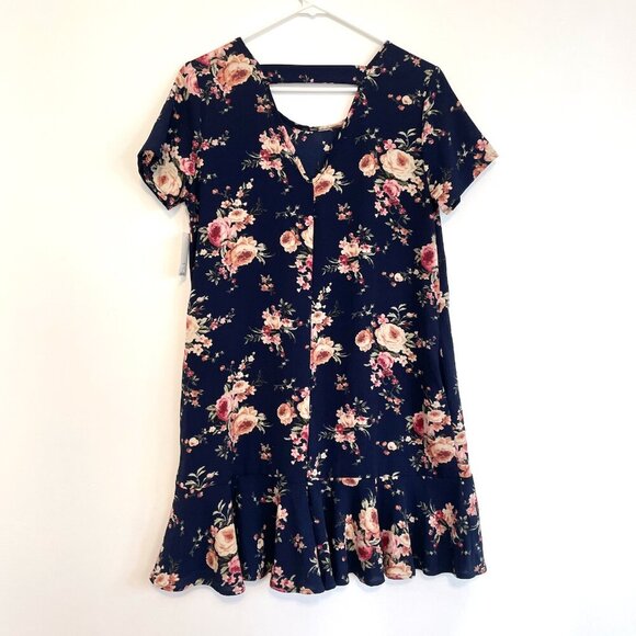 NEW NWT BLUE RAIN FRANCESCA'S Navy Blue Pink Cream Floral Ruffle Shift Dress M - Picture 10 of 14